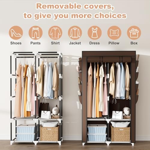 Portable Closet for Hanging Clothes, Portable Wardrobe Closet with Cover, 4 Storage Shelves, 2 Hanging Rods and 8 Side Pockets Easy Assembly and Sturdy Free Standing Closet for Bedroom Brown - Image 6