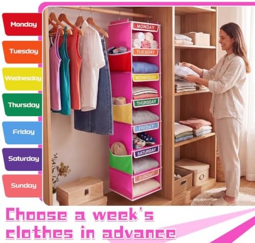 Amylove 2 Pcs 7 Shelf Weekly Clothes Organizer for Kids Hanging Closet Organizer 11. 8 x 11. 8 x 50 Inch Daily Activity Kids Clothes Storage Drawers Cube Drawers Closet Hanging Shelves(Rose Pink) - Image 7