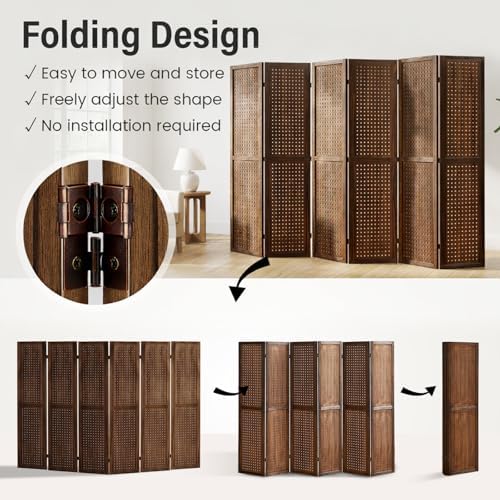 6 Panel Pegboard Room Divider, Folding Privacy Screen, Brown - Image 6