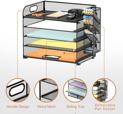 5-Tier Paper Organizer for Desk with Pen Holders, 2-Pack, Black - Image 3
