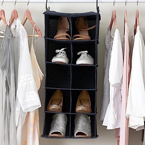 Household Essentials Hanging Cotton Blend and Plastic Closet Shoe Organizer with 10 Storage Compartments, Denim - Image 6