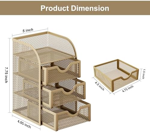 EasyPAG Mesh Desk Organizer with 3 Drawer Office Desktop Organizers and Accessories Stationery Caddy for Office, Home, Students, Gold - Image 7