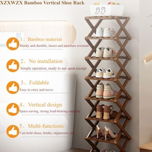 8 Tier Foldable Shoe Rack, Bamboo Vertical Shoe Organizer Tall for Multifunctional Narrow Shoe Shelf for Entryway, Closet, Corner, Bedroom, Hallway(Brown) - Image 4