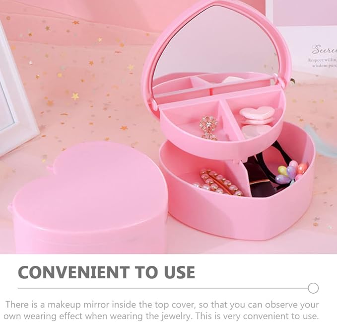 Cabilock 4 PCS Heart Shape Double Layer Jewelry Box with Mirror, Portable Jewelry Organizer Case for Earrings Rings Necklaces Desk Topper Organizer, Pink