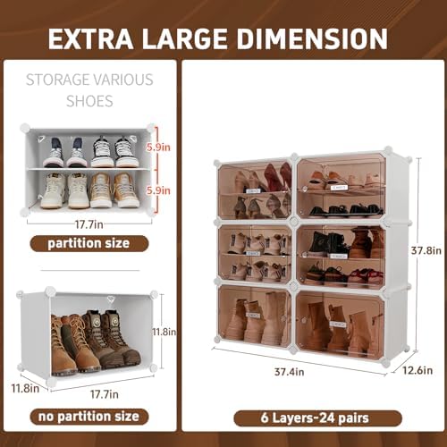 MAGINELS 6-Tier Shoe Rack,Expandable Plastic Shoe Cabinet. Shoe Storage with Door,Entryway, Closets, Hallway, and Bedroom.Accommodates Up to 24 Pairs of Shoes.Grey (6 Tier 24 Pairs（White）) - Image 3