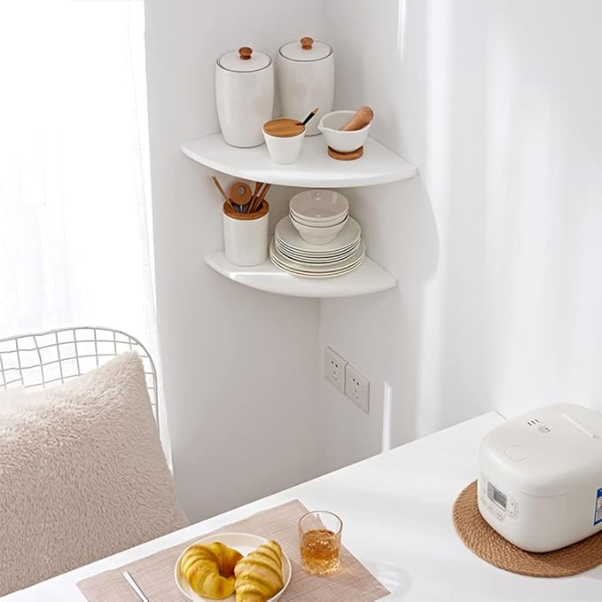 Corner Shelf, White Solid Oak Wood Floating Corner Shelf Wall Mount Round End Floating Speaker Shelf Display Shelf for Small Plant Photo Frame (White, 16in)