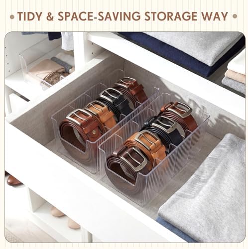 Junkin 2 Pcs Acrylic Belt Organizer with Adjustable 4 Compartments Clear Stackable Belt Holder for Men Leather Belts Storage Box for Closet Drawer Organization Multi-Purpose Display Bin with Inserts - Image 6
