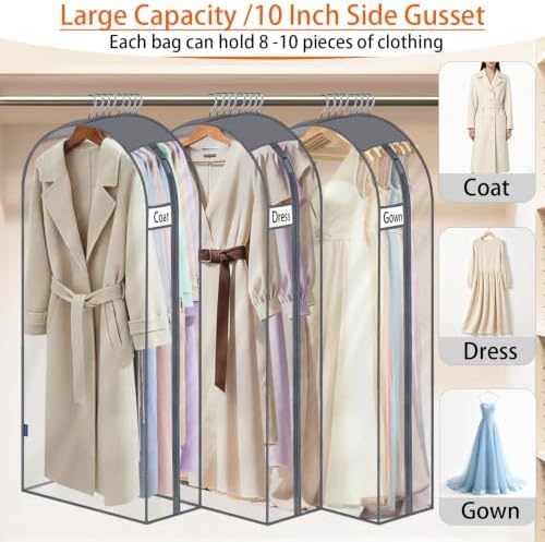 62" Clear Garment Bags for Hanging Clothes 10" Side Gusset, Suit Bags for Closet Storage, Suit Cover for Shirts Coats Dresses (24"X62"X10" 3Pack) - Image 3