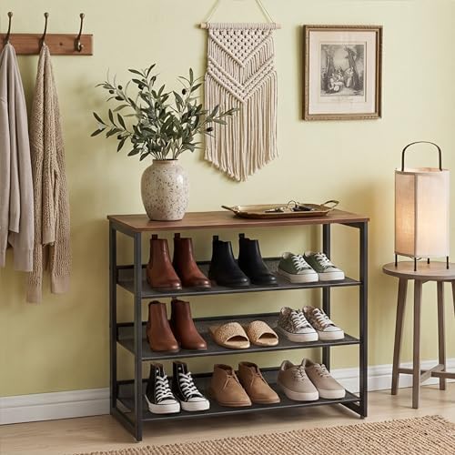 Garden 4 you Shoe Rack for Entryway 4 Tiers 11.8" D x 25" W x 28" H, Metal Shoe Rocks with Brown Wooden Tabletop, Angled Shoes Rack with Adjustable Mesh Shelves for Entryway Hallway Closet - Image 3