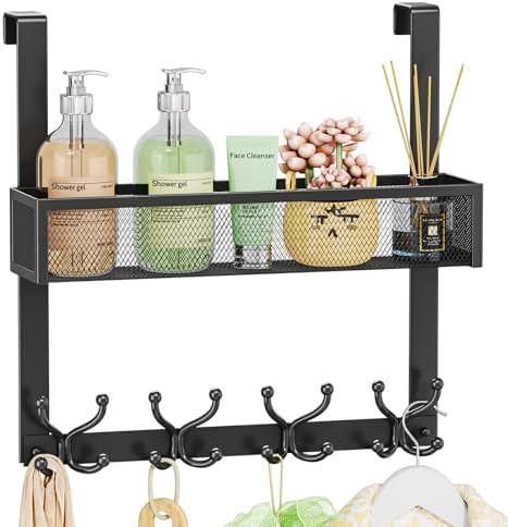 SWTYMIKI Over The Door Hook with 16 Hooks & Mesh Baskets - Heavy Duty Over The Door Organizer Hanger for Towels, Coats, Clothes - Space Saving Hanging Rack for Bathroom, Living Room, Black by SwtyMiki-TidyHomeSweetLife