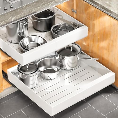 Pull out Cabinet Organizer, 2-pack, Expandable(12"-20") Heavy Duty Slide out Drawers Fixed with Adhesive Nano Film for Pots, Roll out Shelf Storage for Kitchen Base Cabinet Organization(3 Rails) by Kitstorack