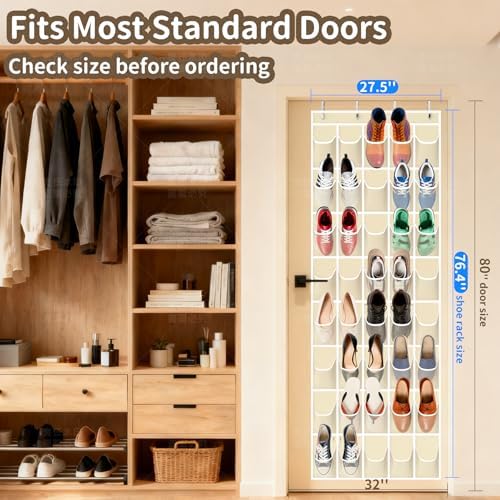 Over the Door Shoe Organizer with 40 Large Pockets, Multi-Purpose Storage for Shoe and Accessories, Durable Fabric with Adjustable Hooks for Home Closet Bedroom Entryway -Beige - Image 3