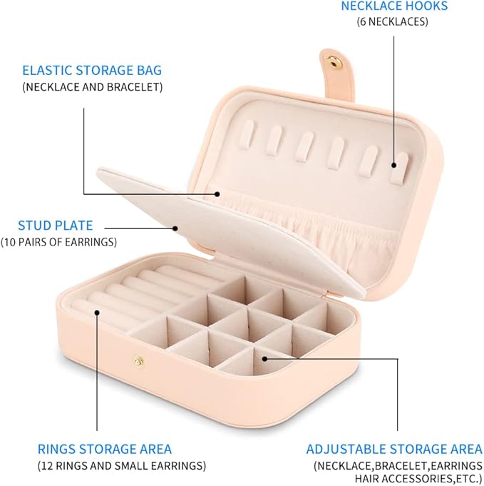 FEISCON Travel Jewelry Case Jewelry Organizer Box with Two Layer Portable Small Jewelry Storage Case Accessories Holder/Pink