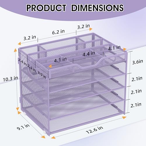 5 Tier Paper Letter Tray Desk Organizer with Pen Holders - Purple - Image 2