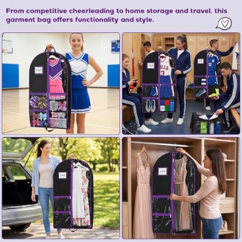 Dance Garment Bags with 3 Clear Zipper Pockets, Cheer Garment Bags for Cheerleading Uniform, 40" Garment Bags for Hanging Clothes, Suits, Travel & Sports Jersey, Cheer Uniform (Purple, 1Pack 40") - Image 3
