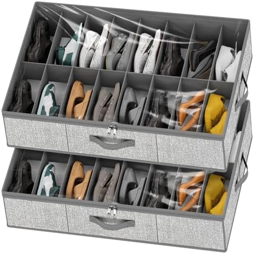 homyfort 32 Pairs Shoe Organizer Under Bed, Underbed Shoe Storage Boxes Bins, Organizador De Zapatos, Extra Large Zapateras Organizer, Grey, Set of 2 by homyfort