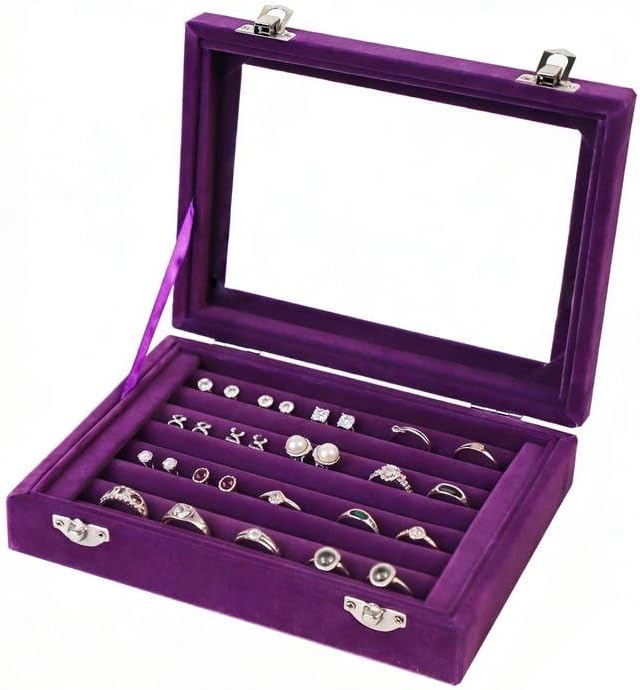 Jewelry Box Rings Organizer Tray 7 Slots Velvet Jewelry Earring Storage Box With Transparent Lid Jewelry Display Case for Girls Women (Purple)
