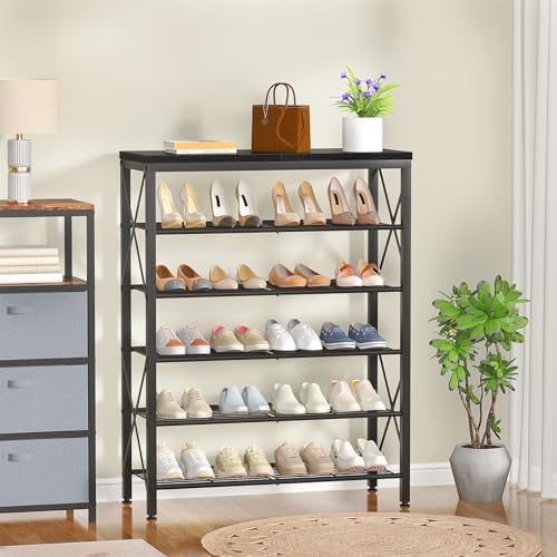 6-Tier Shoe Rack, Metal Shoe Stand with Wooden Top & 4 X Frames, Holds up to 24 Pairs, Sturdy Shoe Shelf for Entryway Closet Garage, Black - Image 7
