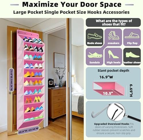 PAULONE 10-Pocket Multi-Use Over the Door Organizer, Heavy Duty 95lbs Capacity with Breathable Mesh, Versatile Hanging Storage for Shoes, Toys, Office Supplies-Classic (Blush Pink, 10-Shelf,) - Image 2