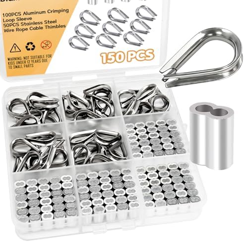 150PCS 1/16" Wire Rope Aluminum Crimping Loop Sleeves and M1.5 304 Stainless Steel Wire Rope Cable Thimbles DD041-1/16 by zDwfDc