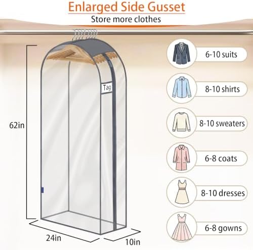 62" Clear Garment Bags for Hanging Clothes 10" Side Gusset, Suit Bags for Closet Storage, Suit Cover for Shirts Coats Dresses (24"X62"X10" 3Pack) - Image 2