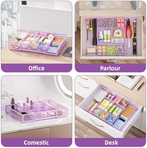 Marbrasse Expandable Desk Drawer Organizer, Mesh Drawer Organizer Tray with 10 Adjustable Compartments, Desk Organizers and Accessories for Office Supplies, Makeup & Vanity (Expandable-Purple) - Image 4