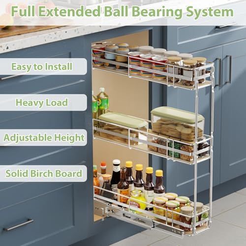ROOMTEC 3-Tier Pull Out Cabinet Organizer Spice Rack for Narrow Cabinet 6" W x 20½" D, Slide Out Wood Shelves Storage for Kitchen - Image 2