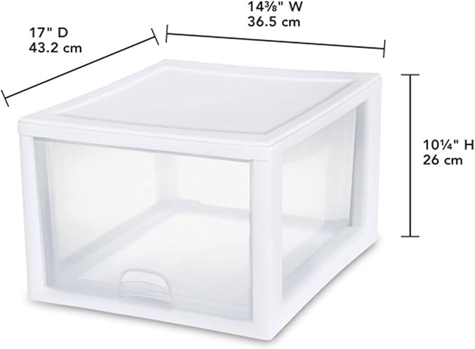 Sterilite 4-Pack Stacking Drawer, Clear Storage Organizer Containers, 27 Quart, White Frame - Stackable and Modular Plastic Drawers for Shoes, Clothes, Accessories, Supplies, Bedding, and Linens