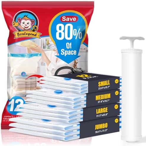BoxLegend Vacuum Storage Bags with Large Hand Pump 12 Combo (3 Jumbo,3 Large, 3 Medium, 3 Small) Thickened Vacuum Seal Bags for Clothing Coat Bedding Quilt Blanket Pillow Comforters by BoxLegend