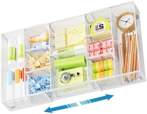 Marbrasse Expandable Desk Drawer Organizer, Mesh Drawer Organizer Tray with 10 Adjustable Compartments, Desk Organizers and Accessories for Office Supplies (Longer Expandable Drawer Organizer-W) by Marbrasse