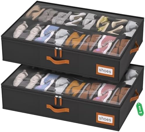 homyfort Shoe Organizer Under Bed, Fits 32 Pairs, Under bed Shoe Storage Boxes with Study Handles and Clear Cover, zapateras organizer for shoes, set of 2 by homyfort