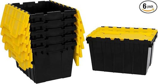 Akro-Mils KeepBox 12 Gallon Storage Container, Nesting and Stackable Plastic Storage Box with Lid Attached, Organizer Tote for Garages, Closets, Moving, 21-1/2" x 15" x 12-1/2", Black/Yellow, 6-Pack