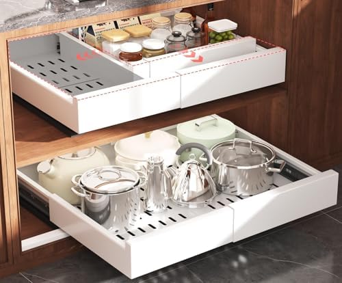 Seinloes Pull Out Cabinet Organizer,4-Side Expandable to Maximize Cabinet Space,Slide Out Drawers with 3 Rail Design,Roll Out Shelf with Raising Pad for Framed Cabinet,13"-21"W x 13"-17"D,White,2 Pack by Seinloes
