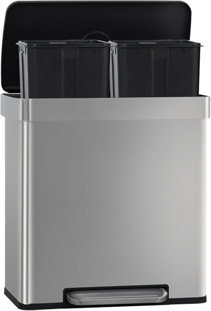 FDW 16 Gallon / 60 L Garbage Can Kitchen Trash Can with Lid for Office Bedroom Bathroom Step Trash Bin Fingerprint-Proof Brushed Stainless Steel 16 Gallon / 60 Liter