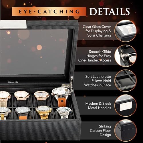 Glenor Co Watch Box for Men - 12 Slot Luxury Carbon Fiber Design Display Case, Large Holder, Metal Buckle - Black - Image 4