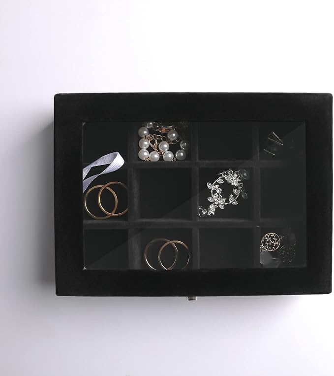 Frebeauty Jewelry Organizer Tray with Clear Lid,12 Grid Velvet Drawer Insert Jewelry Box with Transparent lid Jewelry Display Case Store Showcase Jewelry Box Gift for Women(Black,12 Grid)