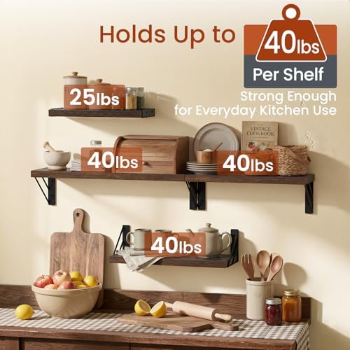 BAYKA Wall Shelves for Bedroom Decor, Floating Wall Shelves for Living Room Kitchen Storage, Mounted Rustic Wood Floating Shelves for Kids Books, Corner Shelf for Bathroom(Rustic Brown，Set of 4) - Image 5