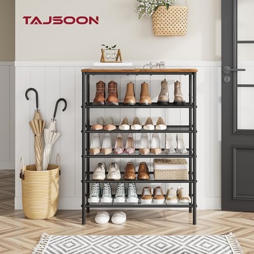 Tajsoon 6 Tier Shoe Rack for 20-24 Pairs of Shoes, Rustic Brown & Black - Image 2