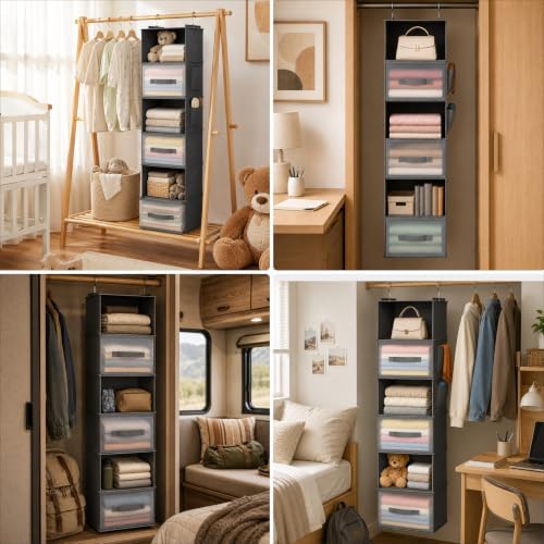 6-Shelf Hanging Closet Organizer with 3 Drawers & Side Pockets, Gray - Image 6