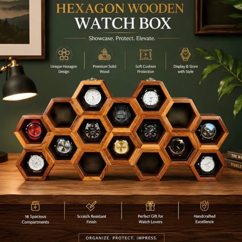 Extra Large 16 Slot Superior Rosewood Honeycomb Wall Mounted Watch Box Display Case Holder for Men, Vintage Hanging Watch Storage Organizer to Keep Watches Safe and Sophisticated. - Image 4
