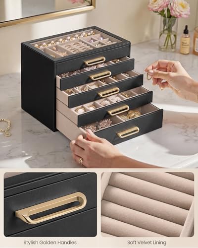 SONGMICS 5-Layer Jewelry Box with Glass Window, 5 Drawers, Golden Handles - Image 6