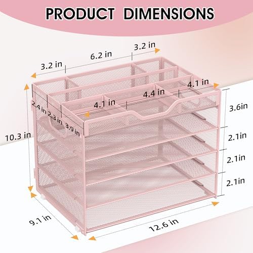 5 Tier Paper Letter Tray Desk Organizer with Pen Holders - Pink - Image 2