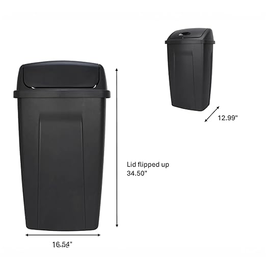 13 Gallon Swing Top Trash Can - Black Plastic Kitchen Garbage Bin with Lid