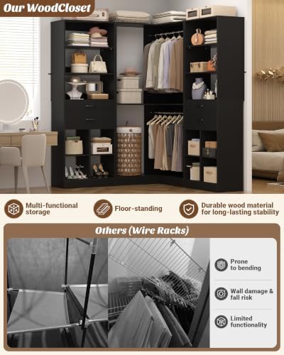 Besiost Closet System with 4 Drawers, 53.5"*53.5"/ 31.5"*75.5" Closet Organizer System with Corner Tower, L Shaped Walk-in Closet System, Corner Closet System with Shelves, Set of 3, Black - Image 7