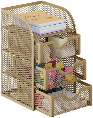 EasyPAG Mesh Desk Organizer with 3 Drawer Office Desktop Organizers and Accessories Stationery Caddy for Office, Home, Students, Gold by EasyPAG