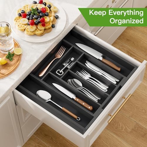 Pipishell Bamboo Expandable Silverware Drawer Organizer, Black, Medium - Image 3