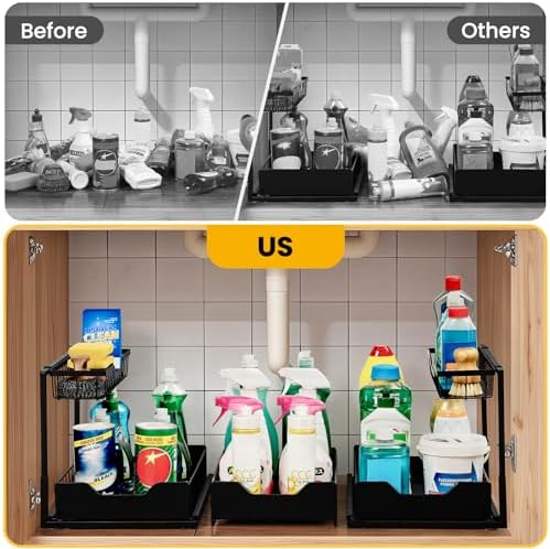 3 Pack, Under Sink Organizer 2-Tier with Slide Out Lower Drawer - Metal Pull Out Cabinet Organizer for Kitchen Bathroom, Includes Removable Center Basket & Storage Shelves, Space Saving Design - Image 3