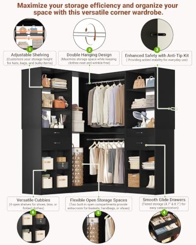Besiost Closet System with 4 Drawers, 53.5"*53.5"/ 31.5"*75.5" Closet Organizer System with Corner Tower, L Shaped Walk-in Closet System, Corner Closet System with Shelves, Set of 3, Black - Image 6