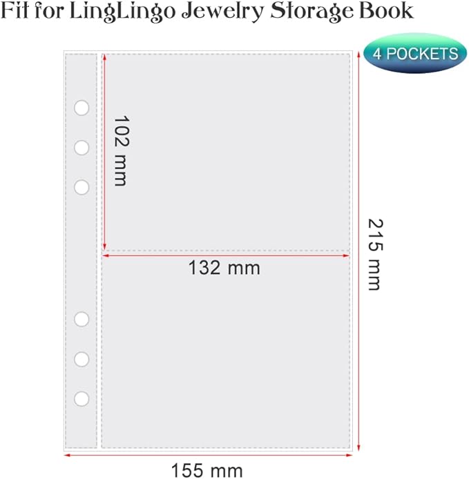 Clear Double-Sided Refill Inner Pages for Transparent Jewelry Storage Book 6 Ring Binder, 24 Sheets 96 Pockets