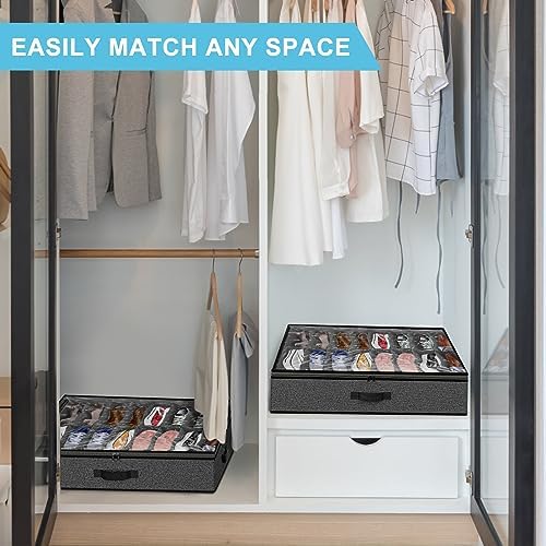 Under Bed Shoe Storage Organizer for Closet, 24 Pairs Sturdy Underbed Shoe Storage Boxes Bins Container Foldable Shoes Storage with Reinforced Handles & Clear Window for College Dorms Grey, Set of 2 - Image 6